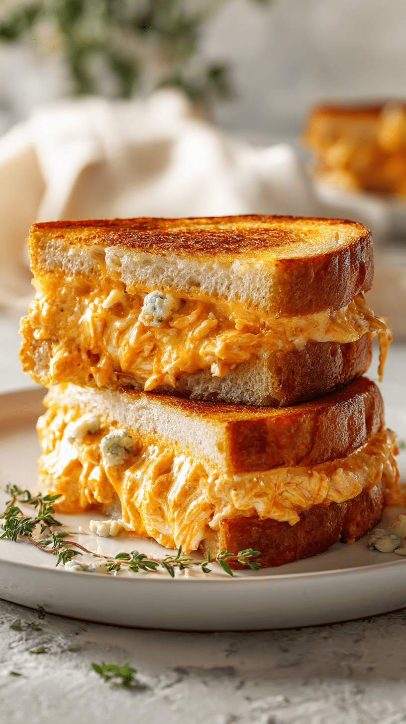 Buffalo Chicken Grilled Cheese being served on beautiful dinnerware