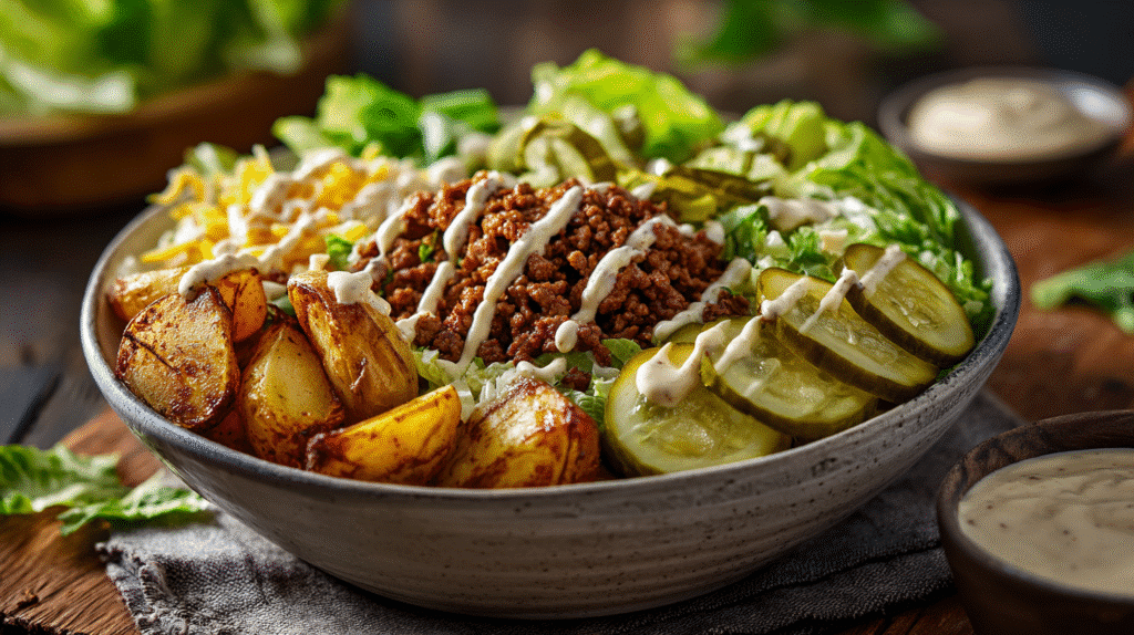 Hero shot of Burger Bowls with vibrant colors and textures
