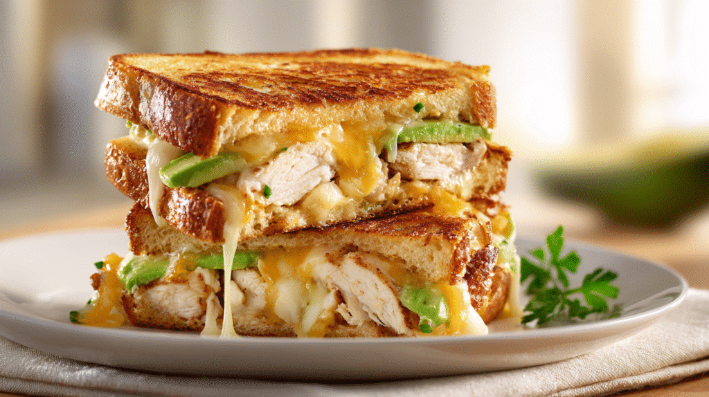 Cheesy Chicken Avocado Melt hero shot with grilled chicken, avocado, and melted cheese