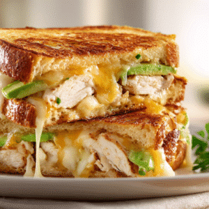 Cheesy Chicken Avocado Melt hero shot with grilled chicken, avocado, and melted cheese