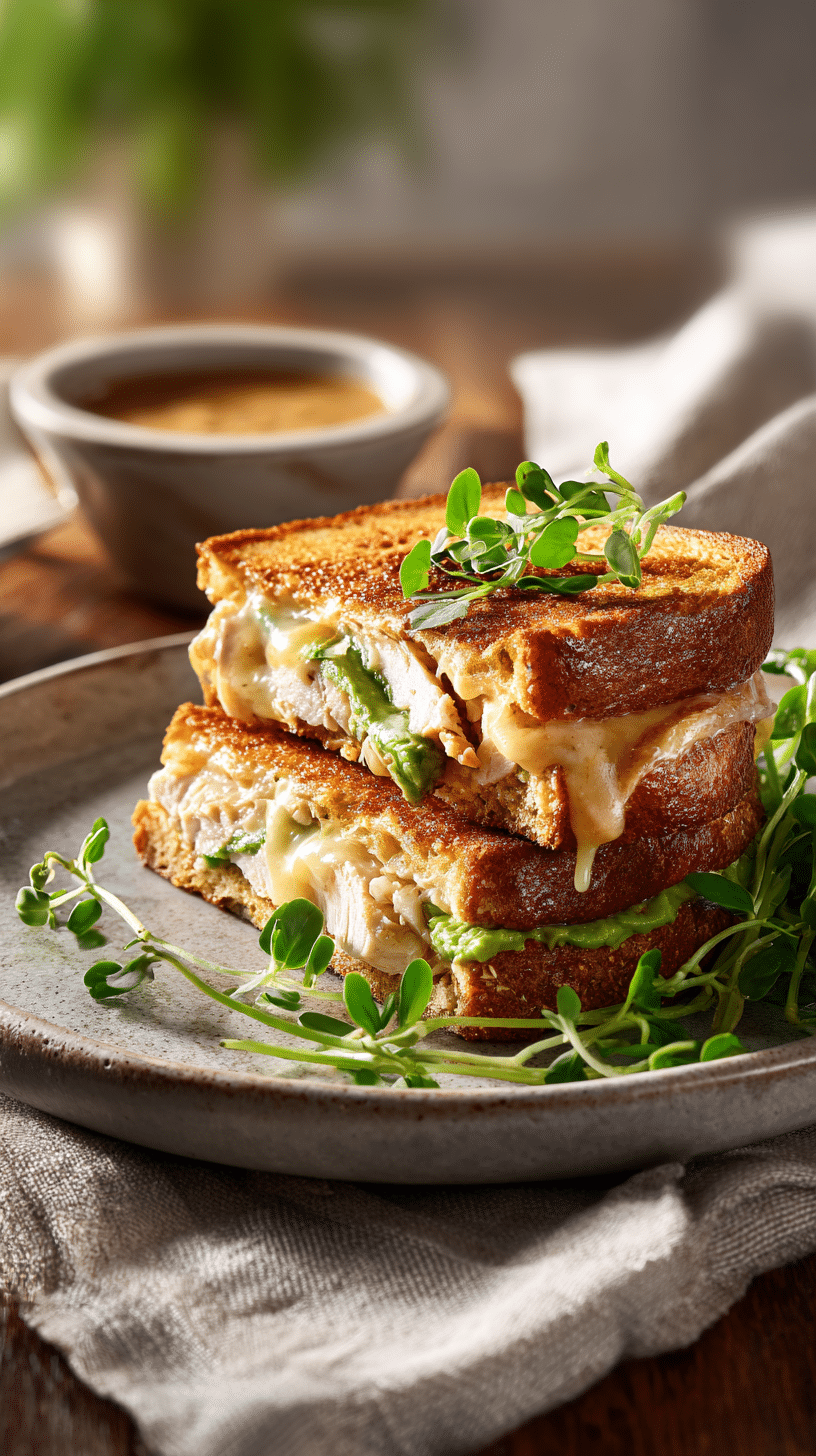 Cheesy Chicken Avocado Melt being served on beautiful dinnerware