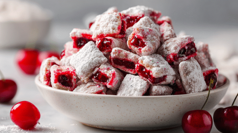 Cherry Cheesecake Puppy Chow Delight hero shot of the finished dish