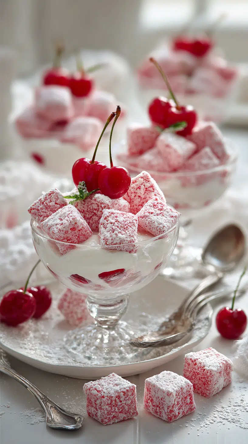 Cherry Cheesecake Puppy Chow Delight being served on beautiful dinnerware