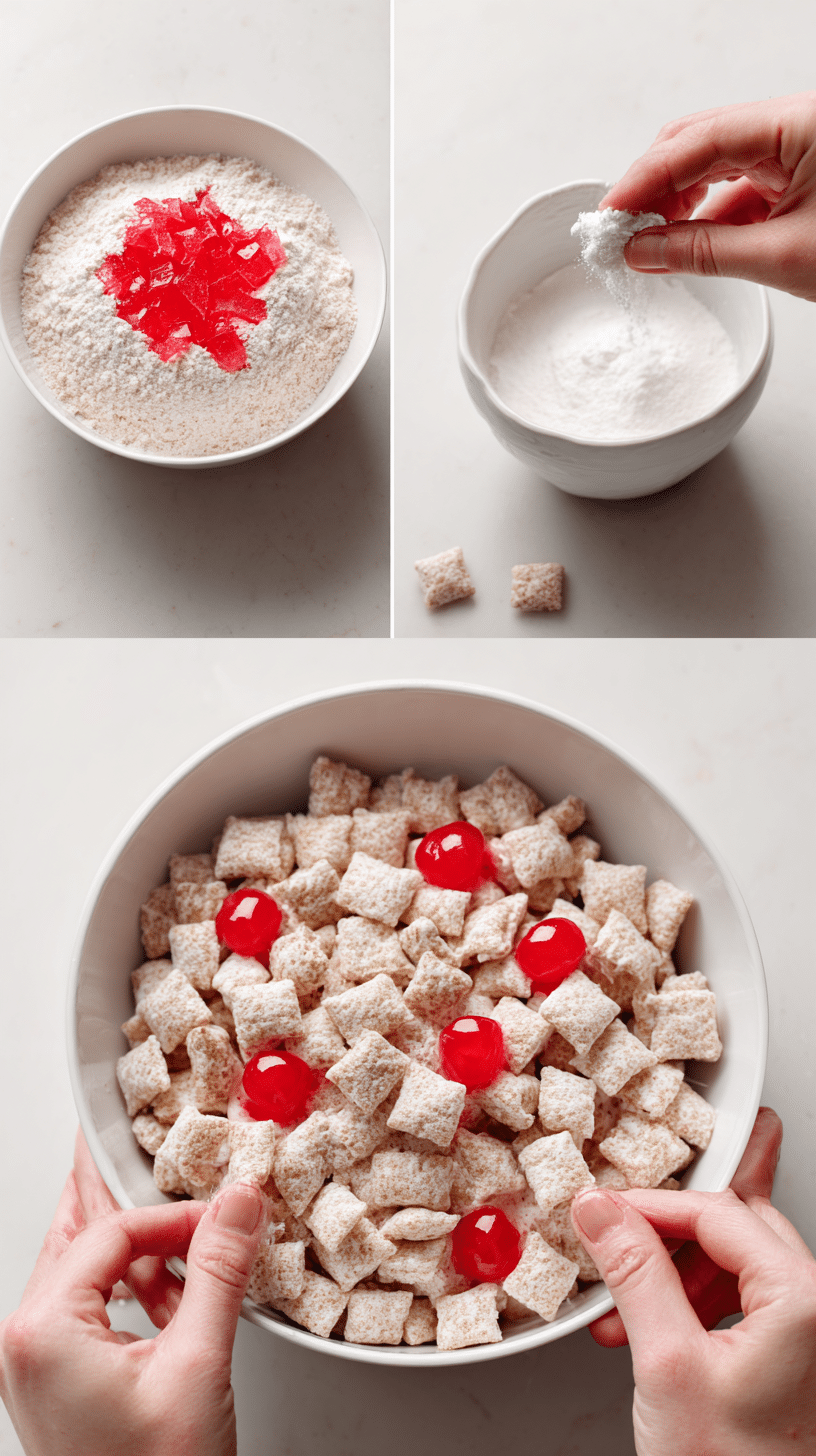 Preparing Cherry Cheesecake Puppy Chow step by step cooking process