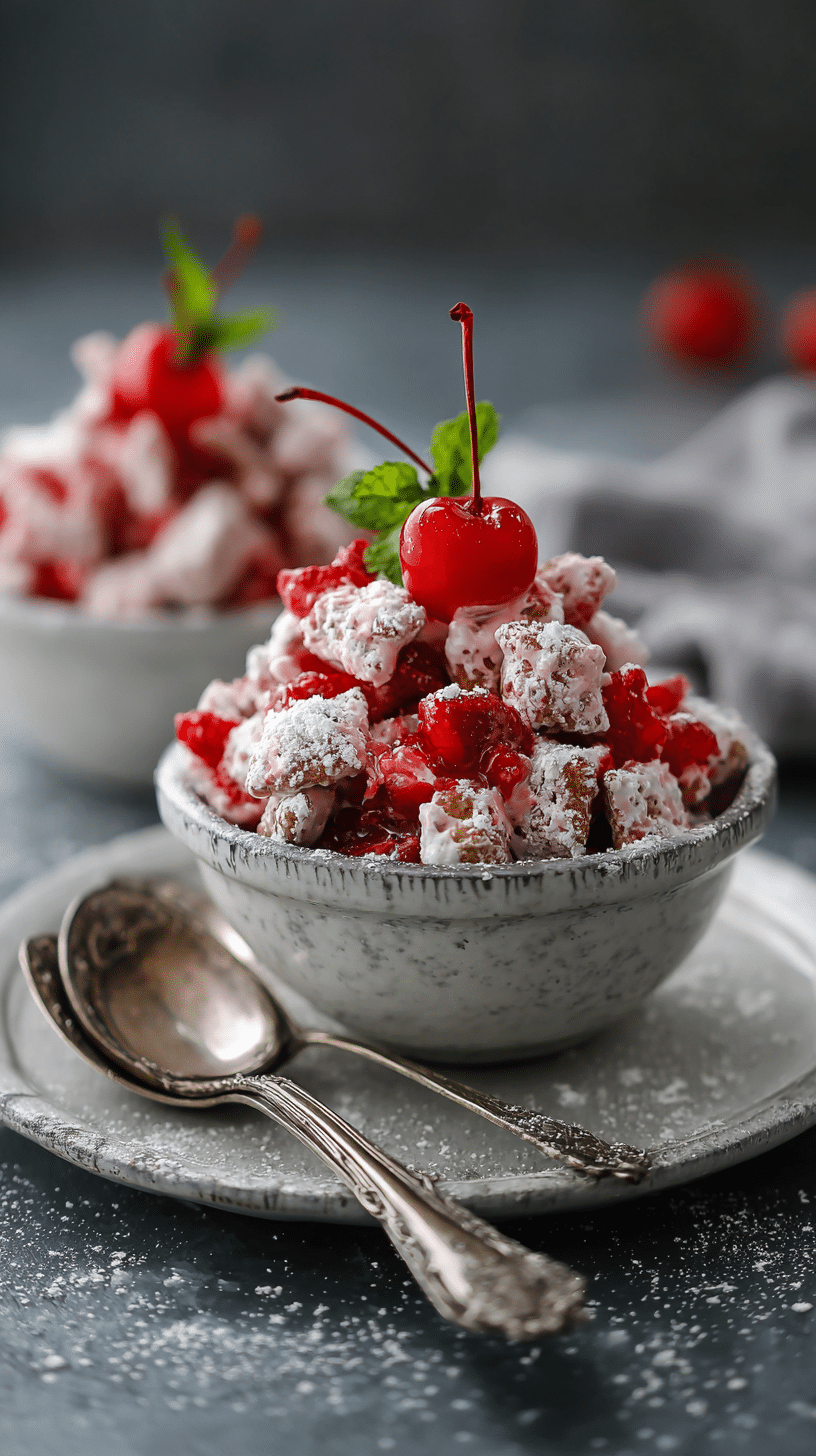 Cherry Cheesecake Puppy Chow being served on beautiful dinnerware