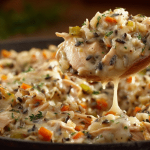 Chicken Wild Rice Casserole with golden crust and creamy texture