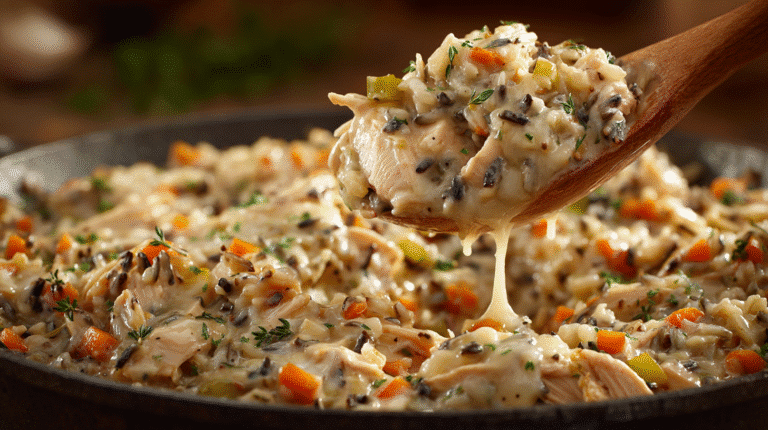 Chicken Wild Rice Casserole with golden crust and creamy texture