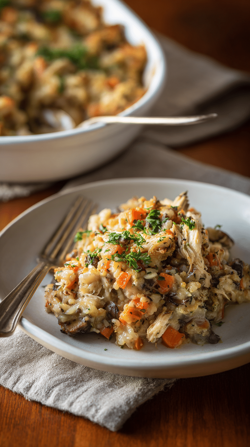 Chicken Wild Rice Casserole being served on beautiful dinnerware