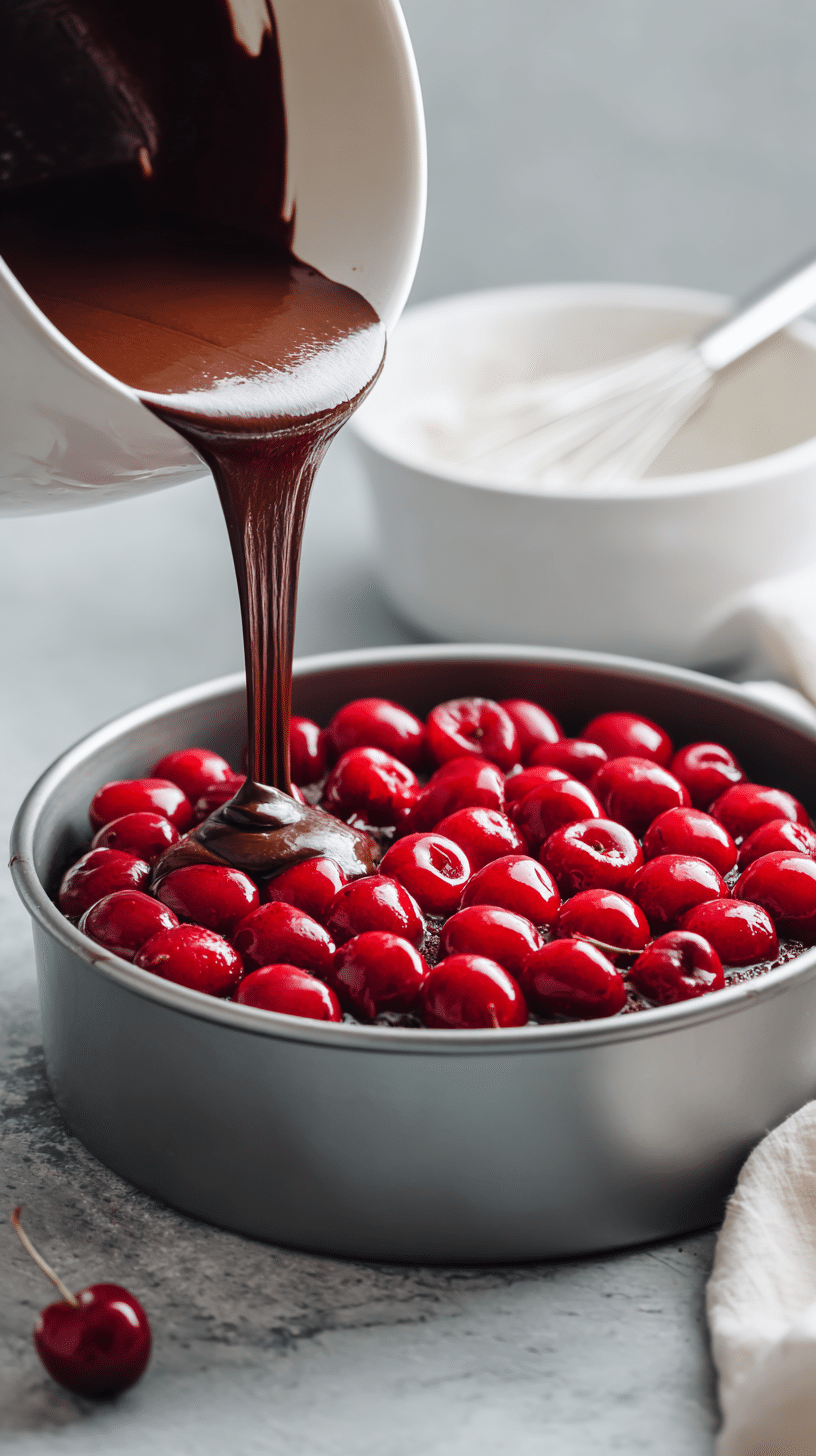 Preparing Chocolate Cherry Upside Down Cake step by step cooking process