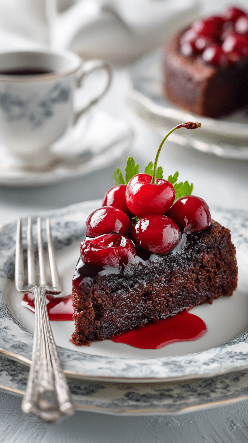Chocolate Cherry Upside Down Cake being served on beautiful dinnerware
