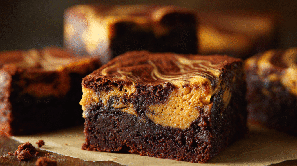 Hero shot of Chocolate Pumpkin Swirl Brownies with rich chocolate and pumpkin swirls