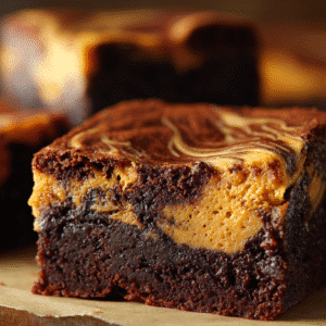 Hero shot of Chocolate Pumpkin Swirl Brownies with rich chocolate and pumpkin swirls