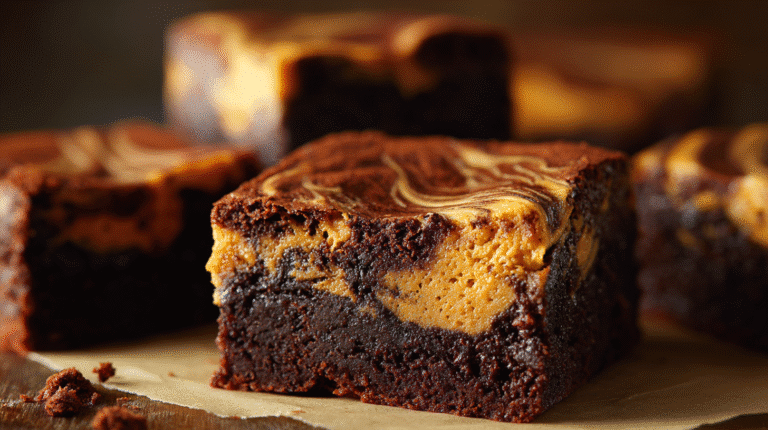 Hero shot of Chocolate Pumpkin Swirl Brownies with rich chocolate and pumpkin swirls
