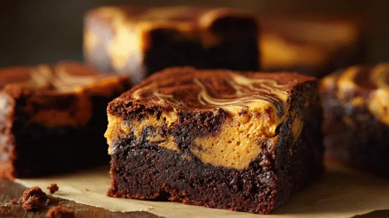 Hero shot of Chocolate Pumpkin Swirl Brownies with rich chocolate and pumpkin swirls