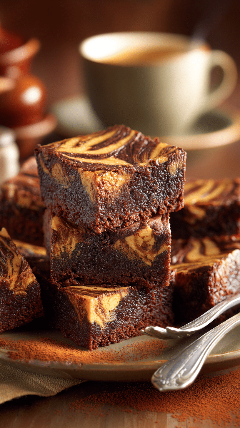 Chocolate Pumpkin Swirl Brownies being served on beautiful dinnerware