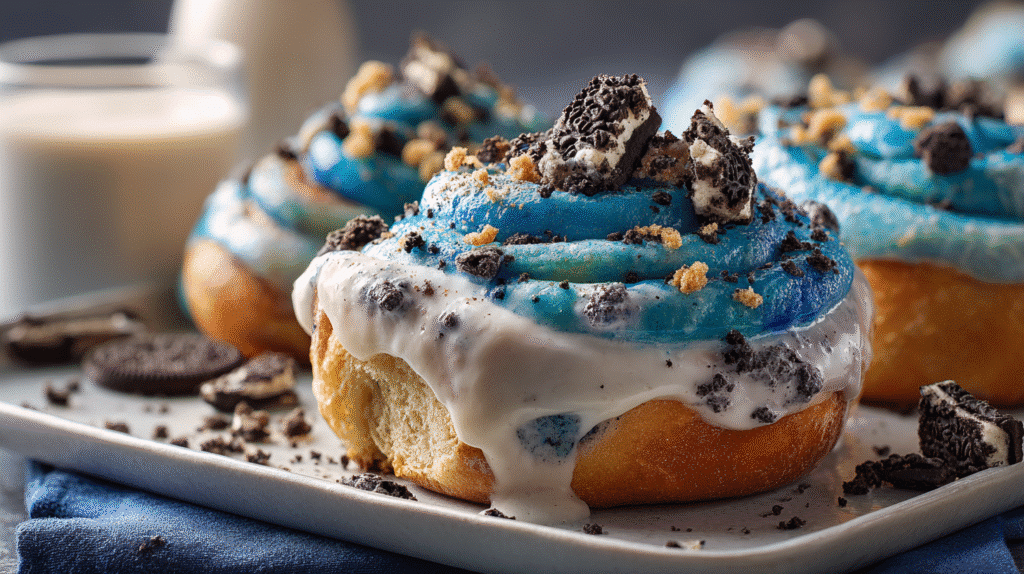 Hero shot of Cookie Monster Cinnamon Rolls with blue-tinted layers and creamy icing