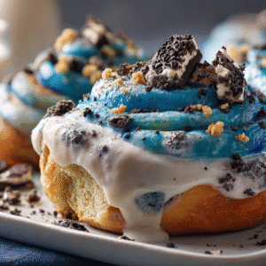Hero shot of Cookie Monster Cinnamon Rolls with blue-tinted layers and creamy icing