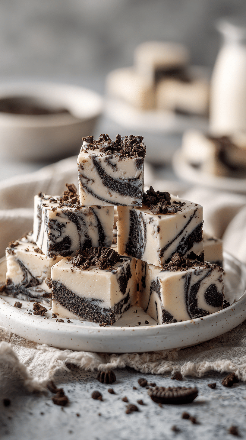 Cookies and Cream Fudge being served on beautiful dinnerware