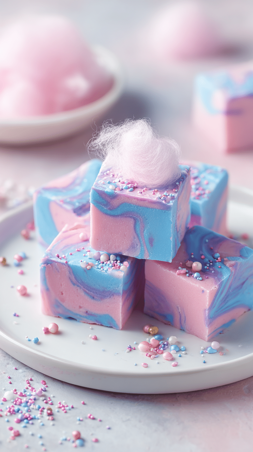 Cotton Candy Fudge being served on beautiful dinnerware
