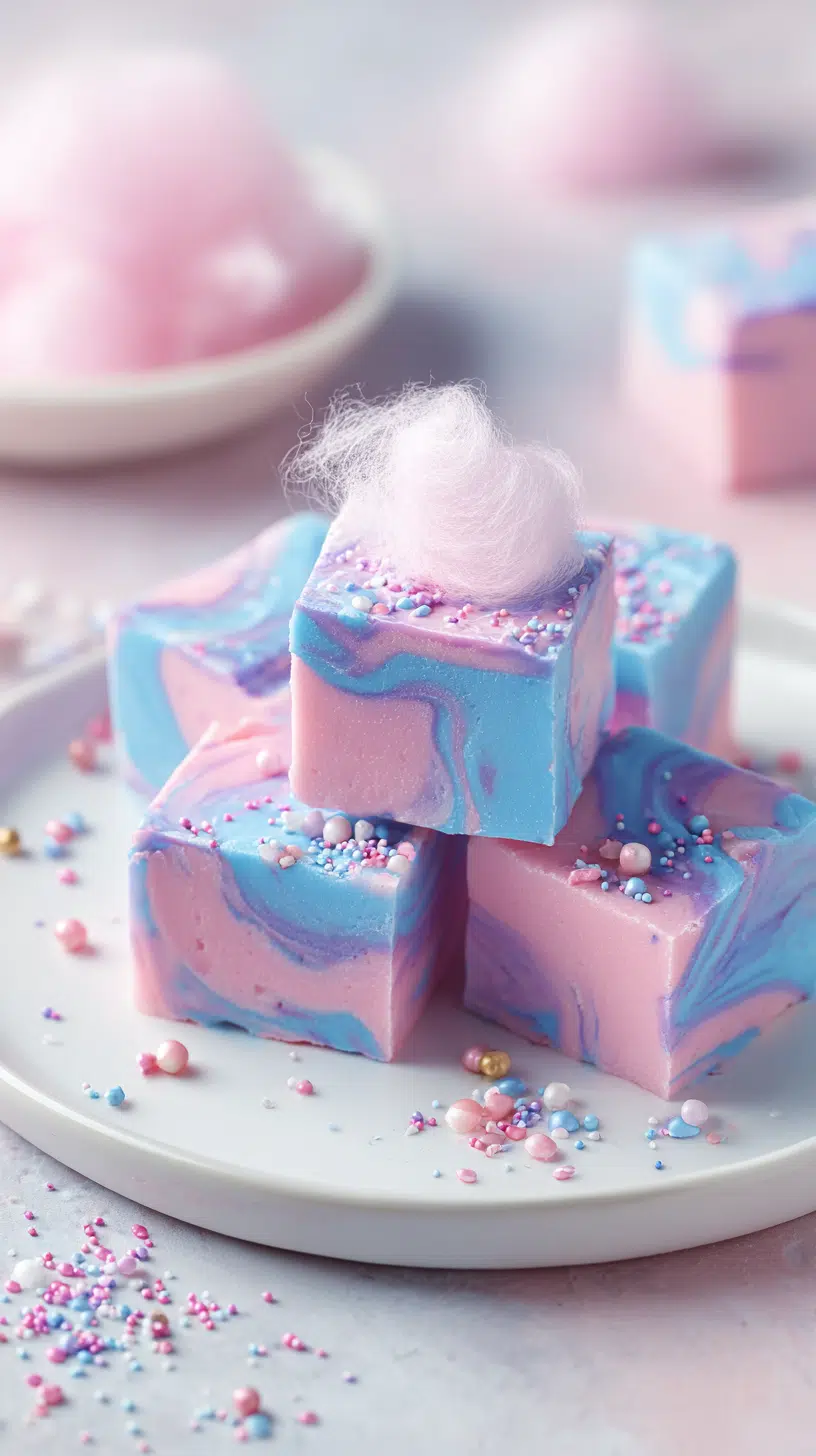 Cotton Candy Fudge being served on beautiful dinnerware