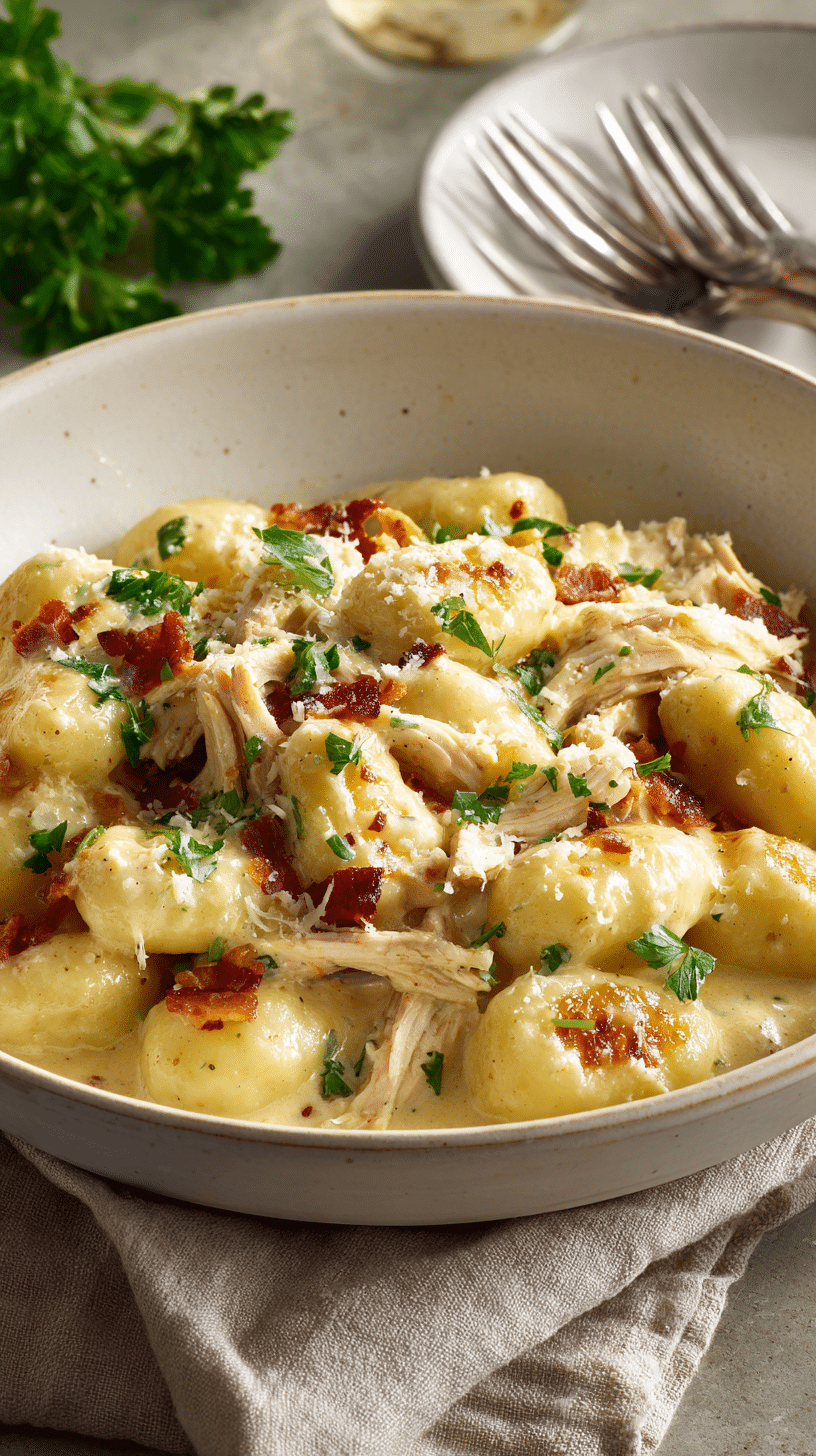 Creamy Crack Chicken Gnocchi being served on beautiful dinnerware