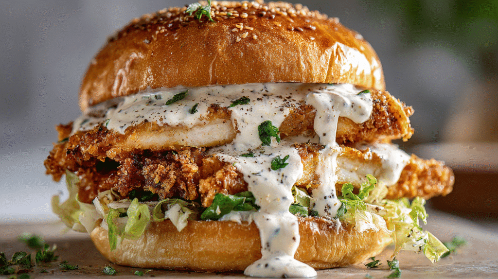 Crispy Chicken Caesar Sandwich hero shot with golden chicken schnitzels and parmesan