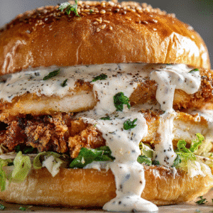 Crispy Chicken Caesar Sandwich hero shot with golden chicken schnitzels and parmesan