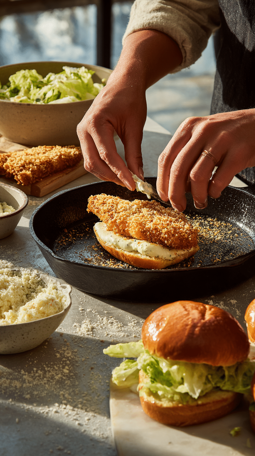Preparing Crispy Chicken Caesar Sandwich step by step cooking process