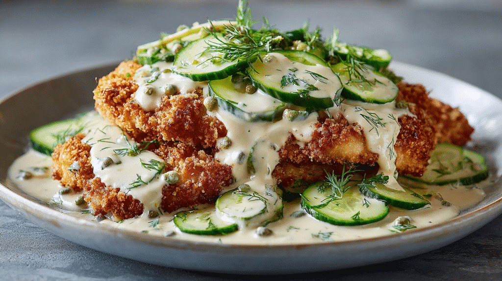 Crispy Dill Pickle Parmesan Chicken hero shot with crispy golden crust