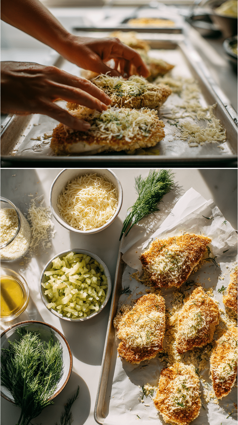 Preparing Crispy Dill Pickle Parmesan Chicken step by step cooking process