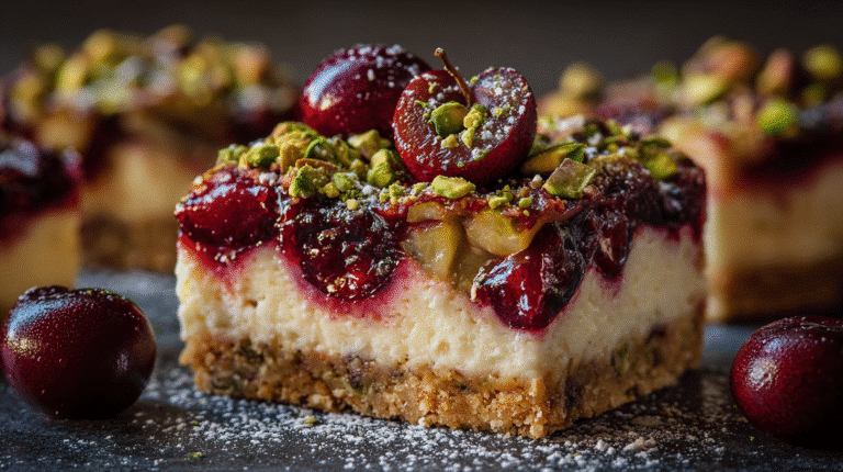 Decadent Cherry Pistachio Cheesecake Bars hero shot