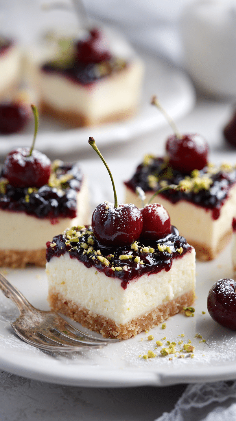Decadent Cherry Pistachio Cheesecake Bars being served on beautiful dinnerware