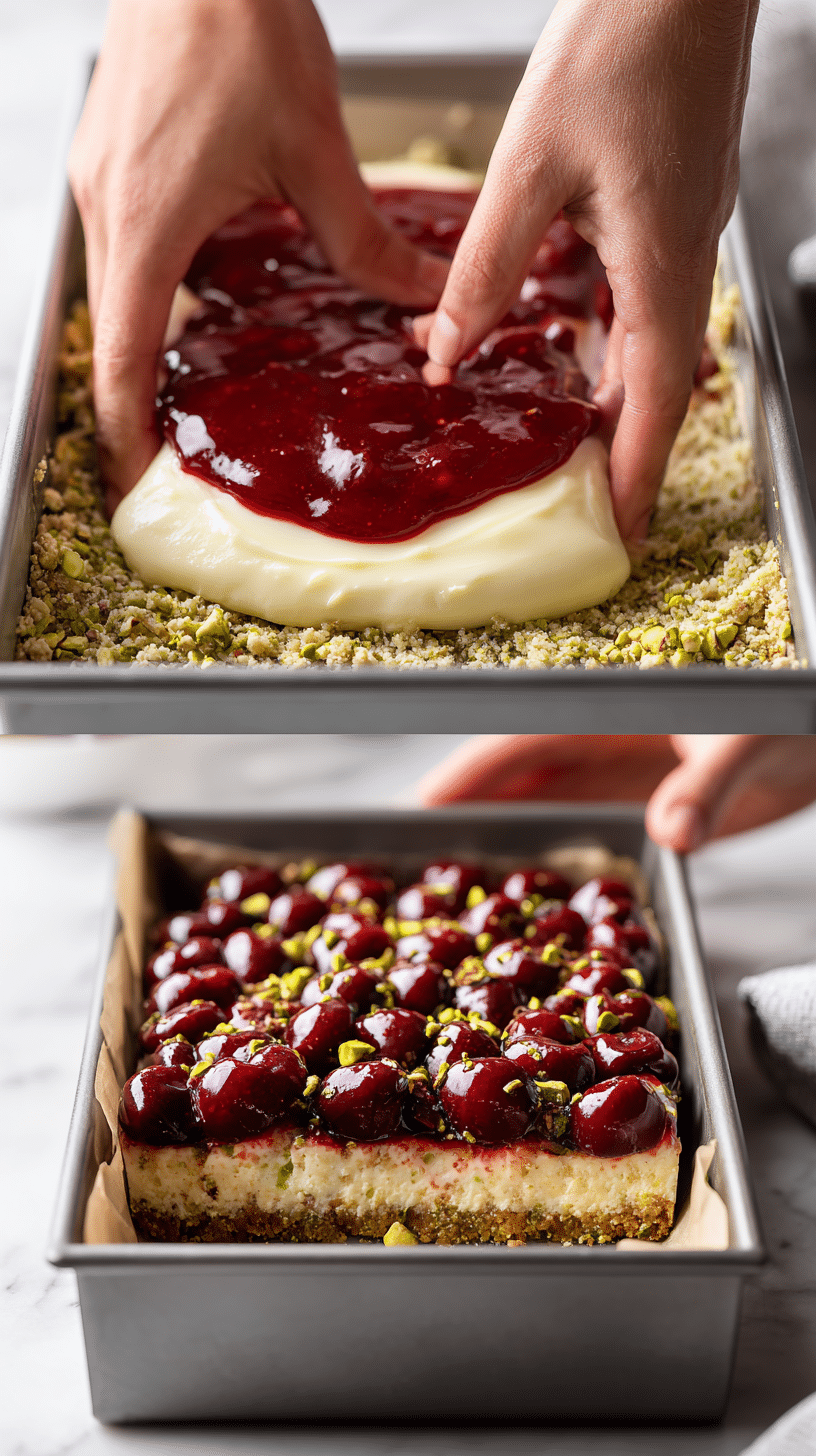 Preparing Decadent Cherry Pistachio Cheesecake Bars step by step cooking process