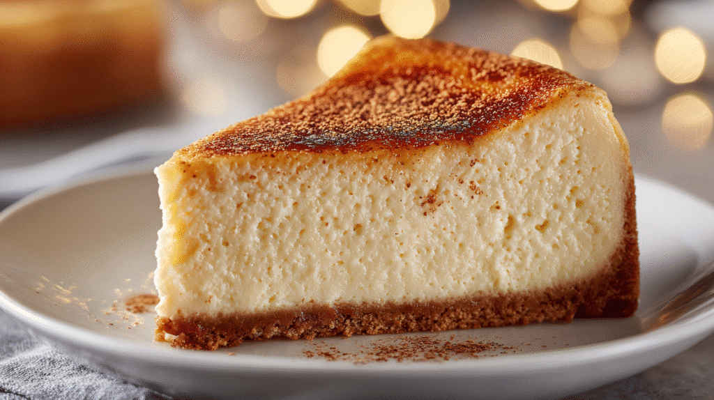 Decadent Eggnog Cheesecake with a golden crust and creamy filling