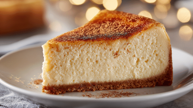 Decadent Eggnog Cheesecake with a golden crust and creamy filling
