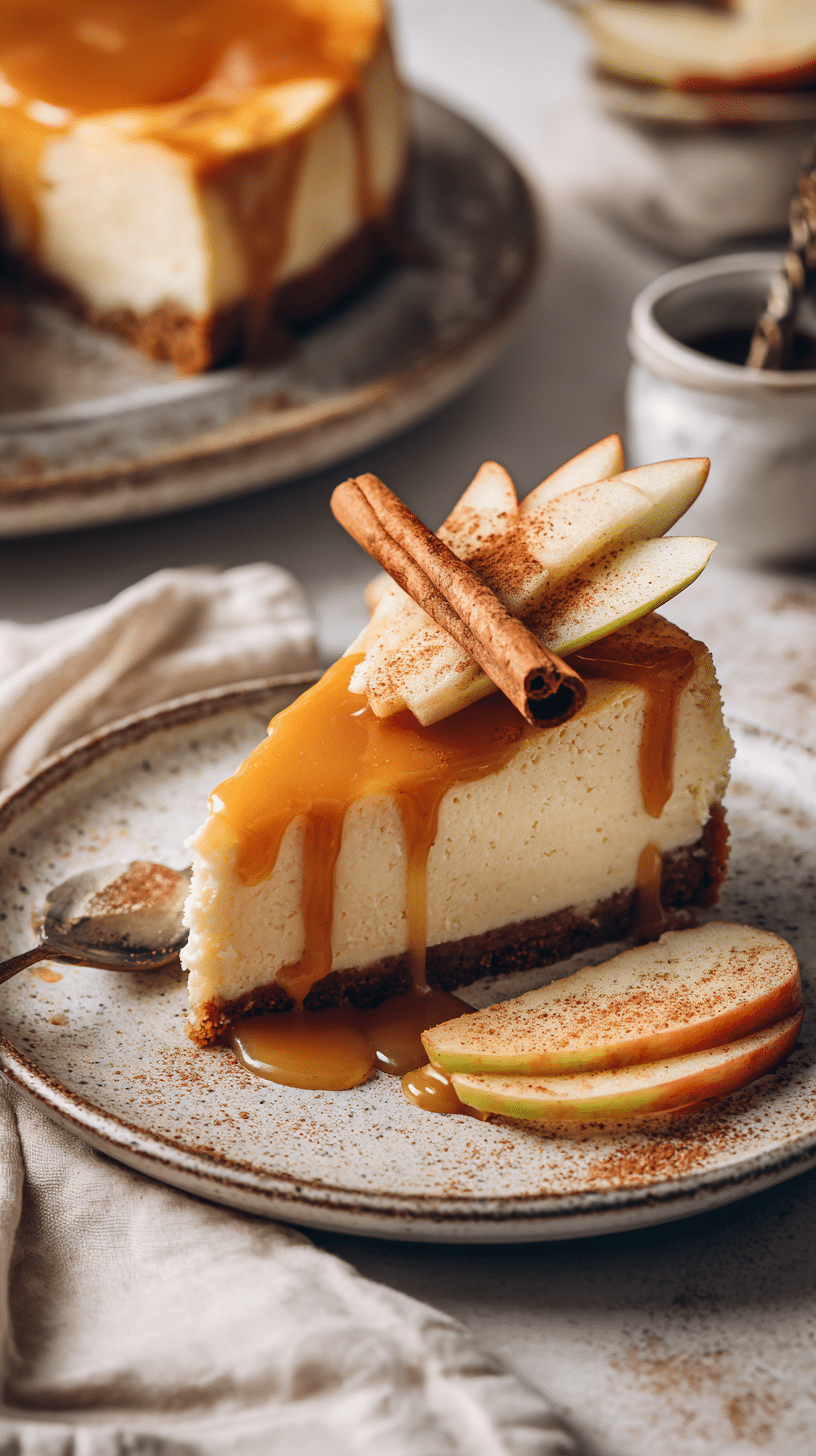 Fall-Inspired Apple Cider Cheesecake Delight being served on beautiful dinnerware