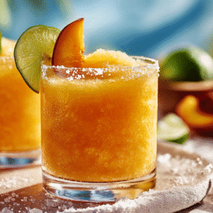 Frozen Peach Margaritas In 5 Minutes hero shot with lime garnish and salted rim