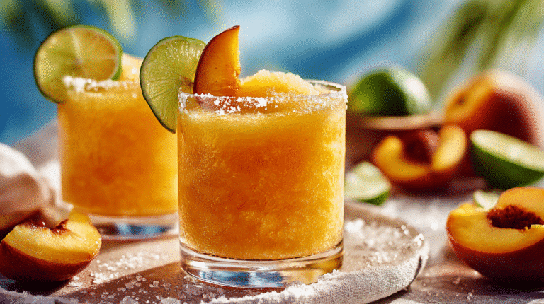 Frozen Peach Margaritas In 5 Minutes hero shot with lime garnish and salted rim