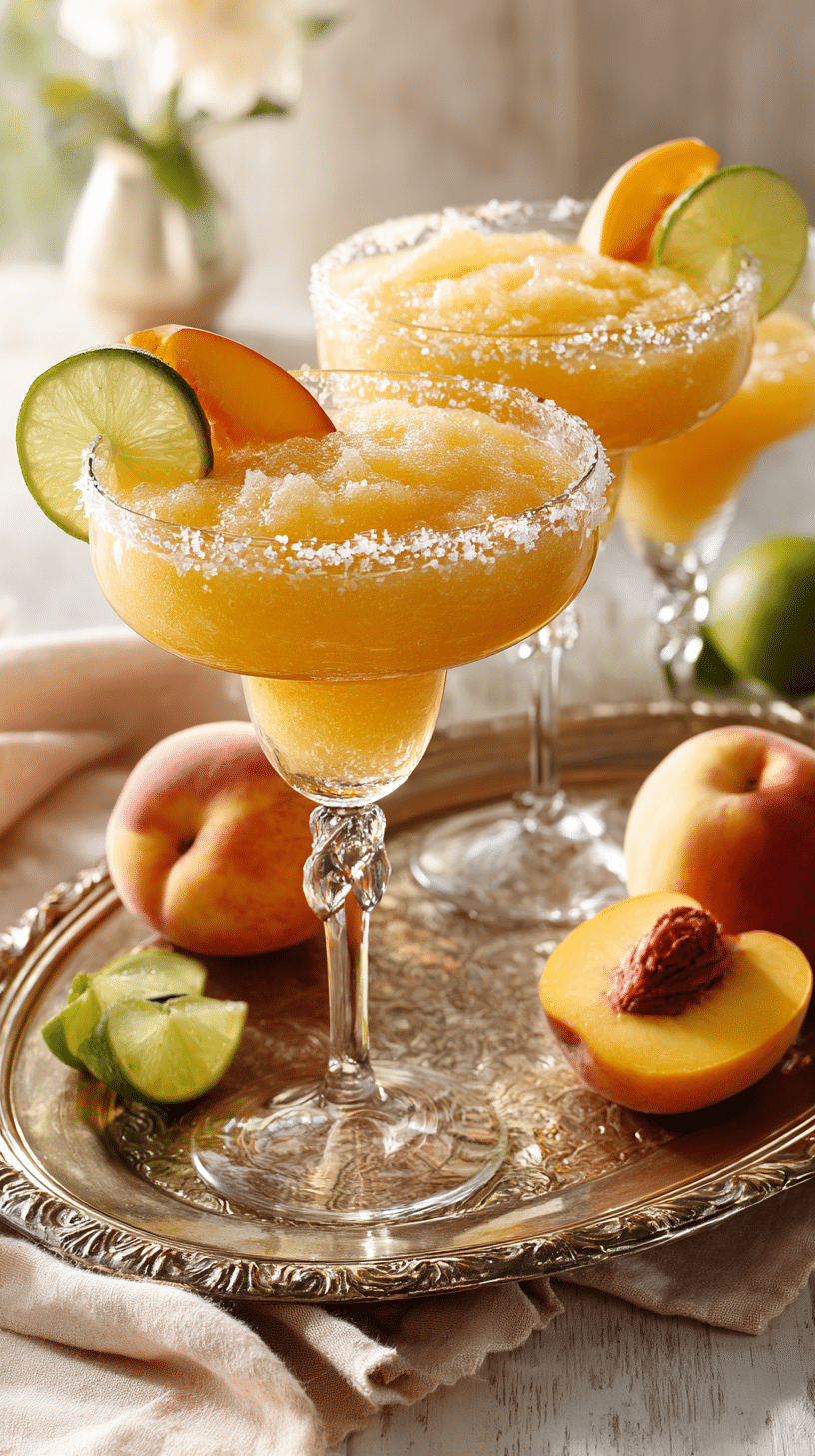 Frozen Peach Margaritas In 5 Minutes being served on beautiful dinnerware