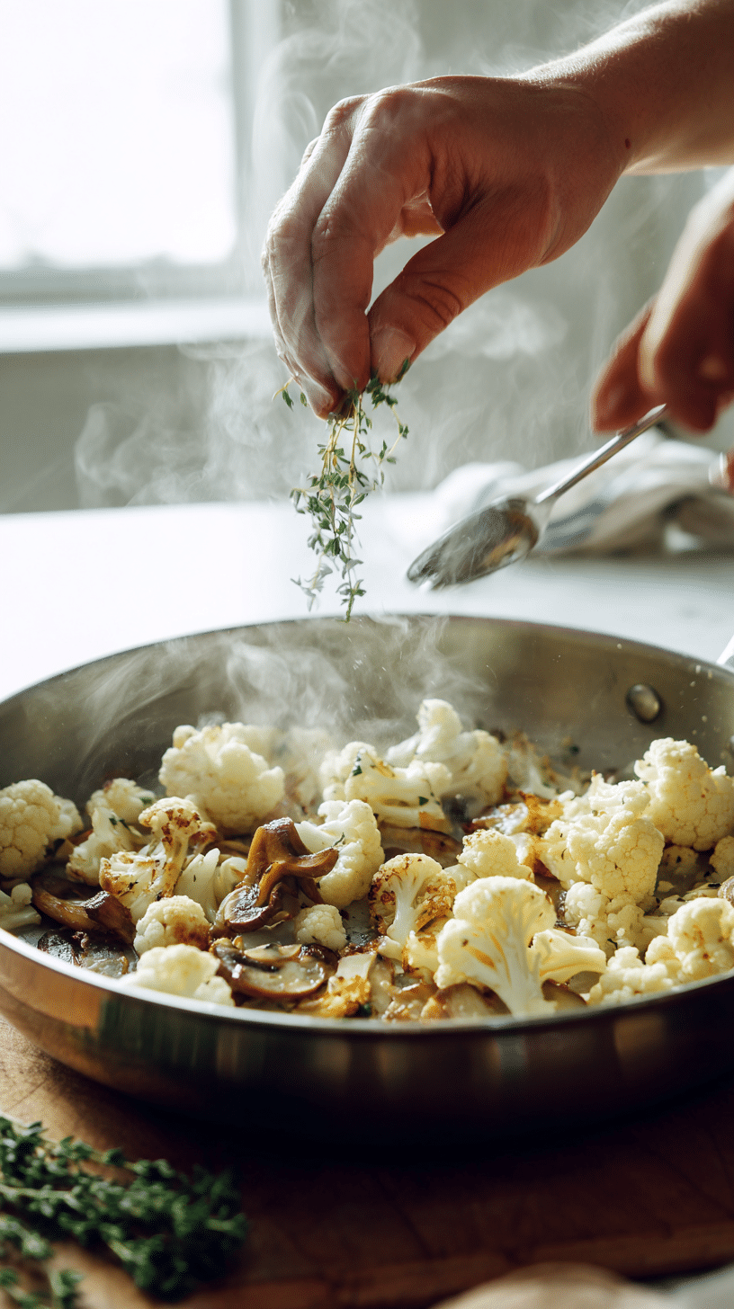 Preparing Garlic Cauliflower Mushroom Skillet step by step cooking process
