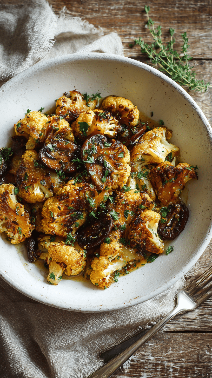 Garlic Cauliflower Mushroom Skillet being served on beautiful dinnerware