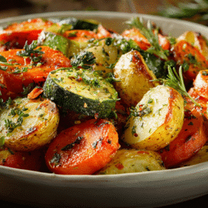Garlic Herb Roasted Potatoes, Carrots, and Zucchini with golden edges and tender centers