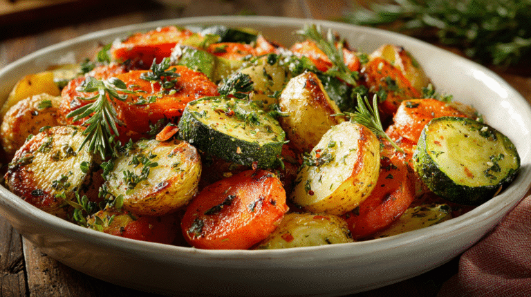 Garlic Herb Roasted Potatoes, Carrots, and Zucchini with golden edges and tender centers