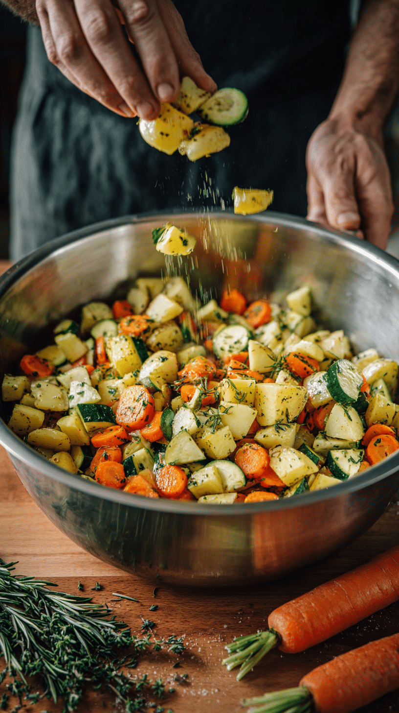 Preparing Garlic Herb Roasted Potatoes, Carrots, and Zucchini step by step cooking process
