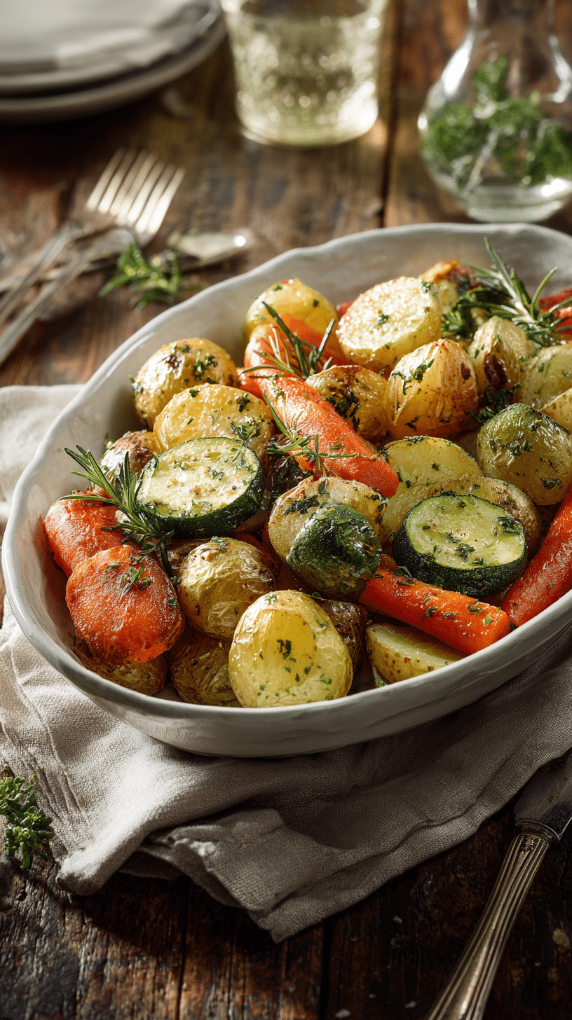 Garlic Herb Roasted Potatoes, Carrots, and Zucchini being served on beautiful dinnerware