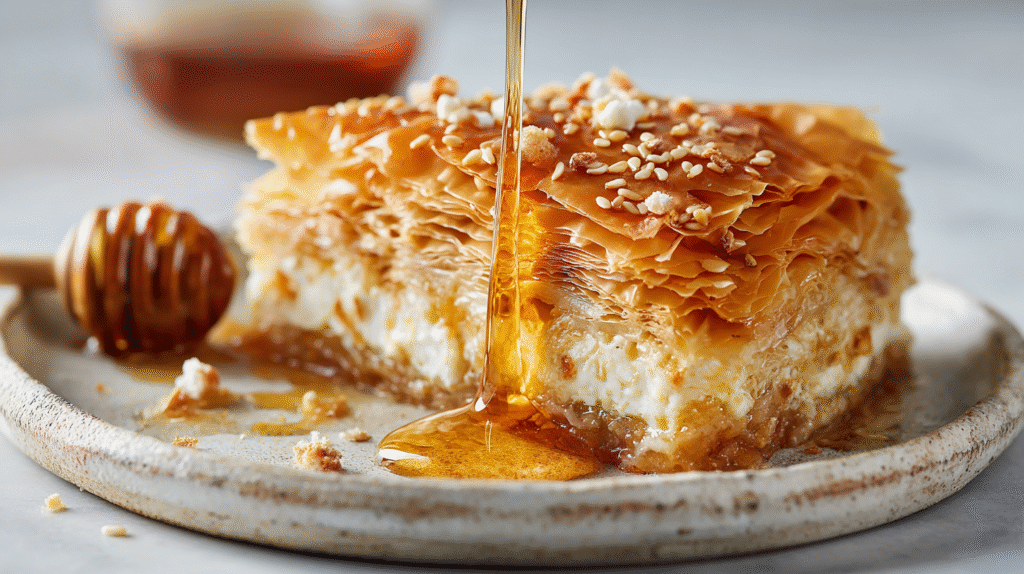Golden Greek Honey Pie (Melopita) hero shot with golden brown phyllo and honey drizzle
