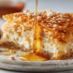 Golden Greek Honey Pie (Melopita) hero shot with golden brown phyllo and honey drizzle