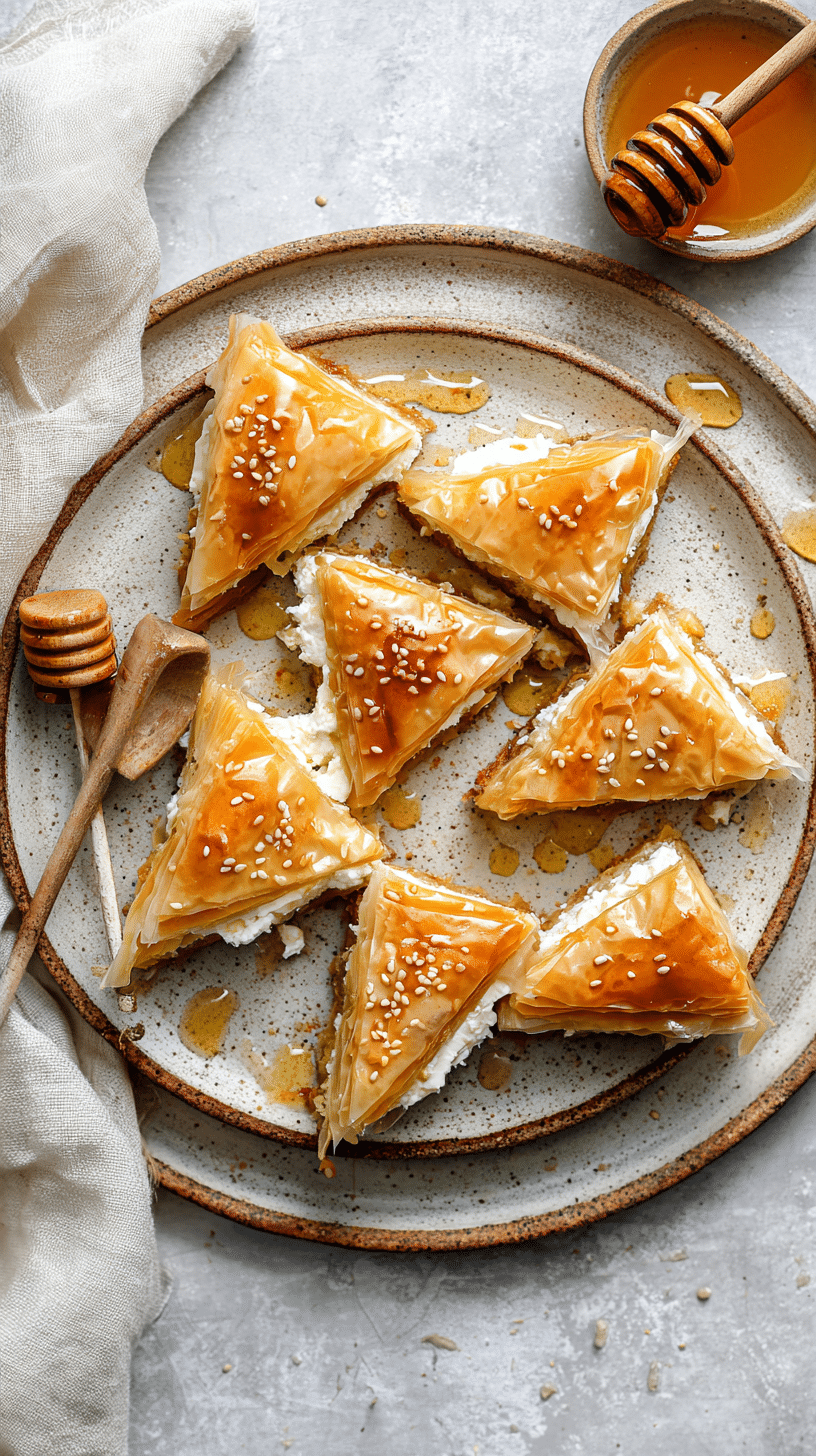 Golden Greek Honey Pie (Melopita) being served on beautiful dinnerware