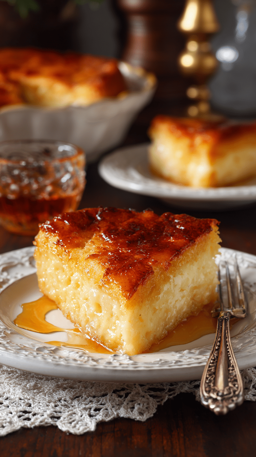 Golden Greek Honey Pie (Melopita) being served on beautiful dinnerware