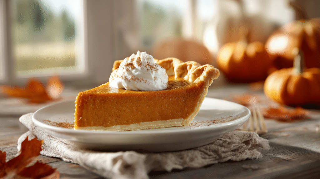 Hero shot of Grandma's Easy Pumpkin Pie with a golden-brown crust and whipped cream